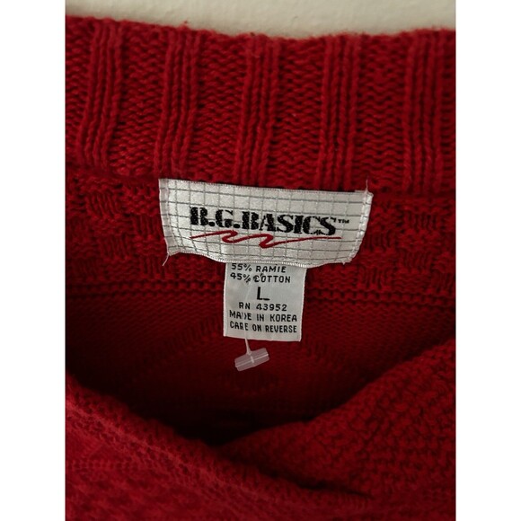 RG Basics Red Fisherman Knit Sweater V Neck Nautical Coastal Large Ramie Cotton - Picture 3 of 6